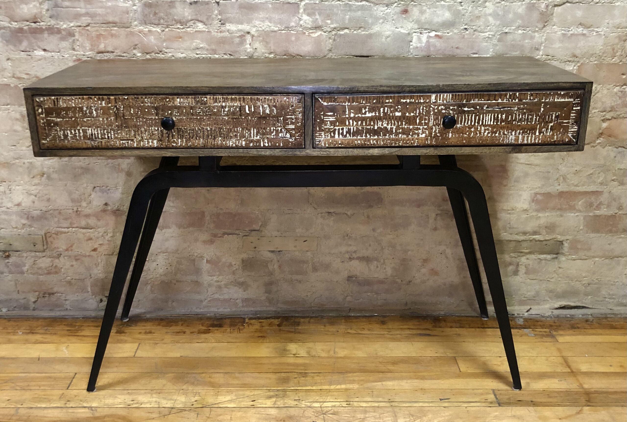 CONSOLE TABLE / DESK – TWO ETCHED DRAWERS / IRON LEGS