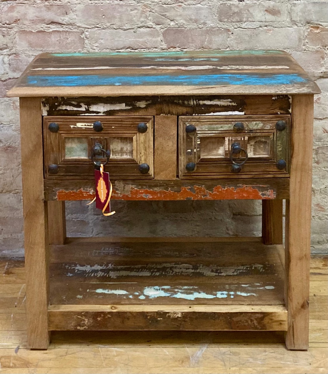 BEDSIDE / END TABLE – RECYCLED WOOD – TWO DRAWERS