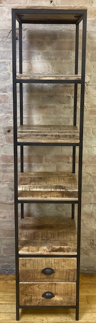 BOOK UNIT – IRON FRAME WOOD SHELFS -TWO DRAWERS