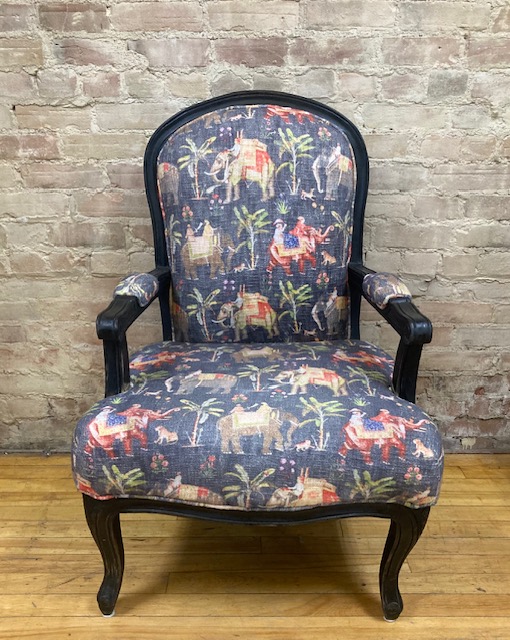 CHAIR – WOOD FRAME – UPHOLSTERED  ELEPHANT PRINT