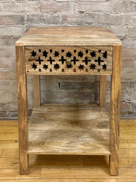 END TABLE – JALI CARVED DRAWER + SHELF