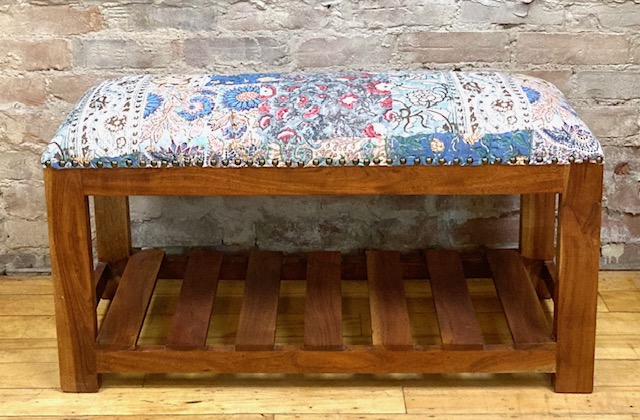 BENCH – WOODEN FRAME + SHELF – PRINTED UPHOLSTERY