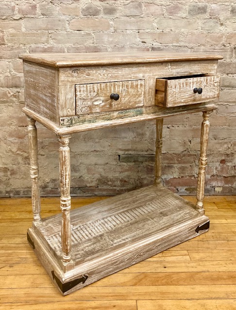 CONSOLE TABLE – TWO CARVED DRAWERS + SHELF